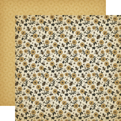 (Side A - a dense, seamless pattern of stylized yellow flowers with dark centers and leaves, interspersed with numerous bees, all on a light, aged cream background. Side B - &nbsp;a golden-yellow background, featuring repeating circular motifs with a bee design at their center)