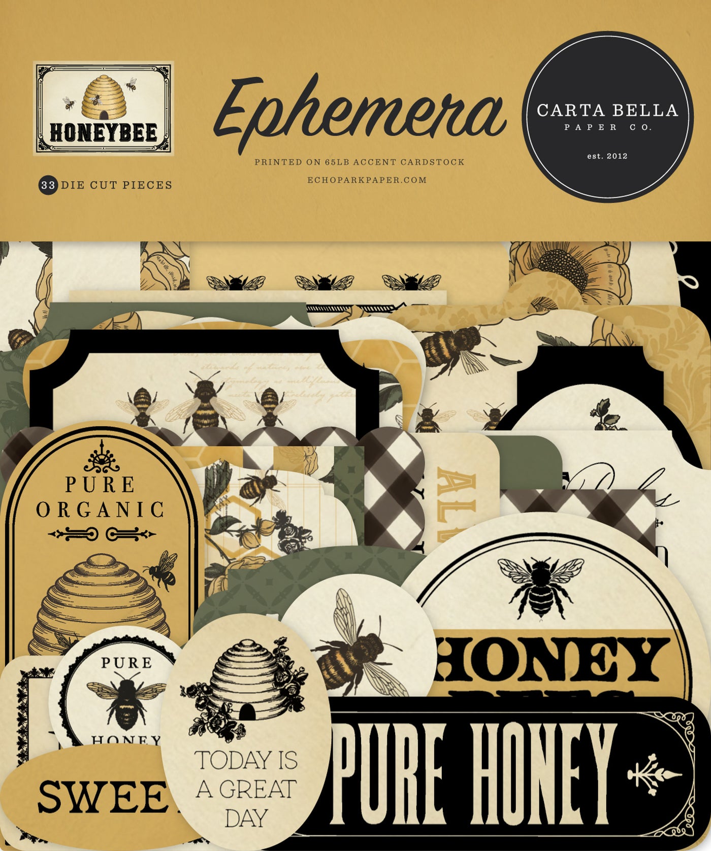 Honey Bee Ephemera, Carta Bella - Bee Ephemera Die Cut Cardstock Pack includes 34 die-cut shapes ready to embellish any project.