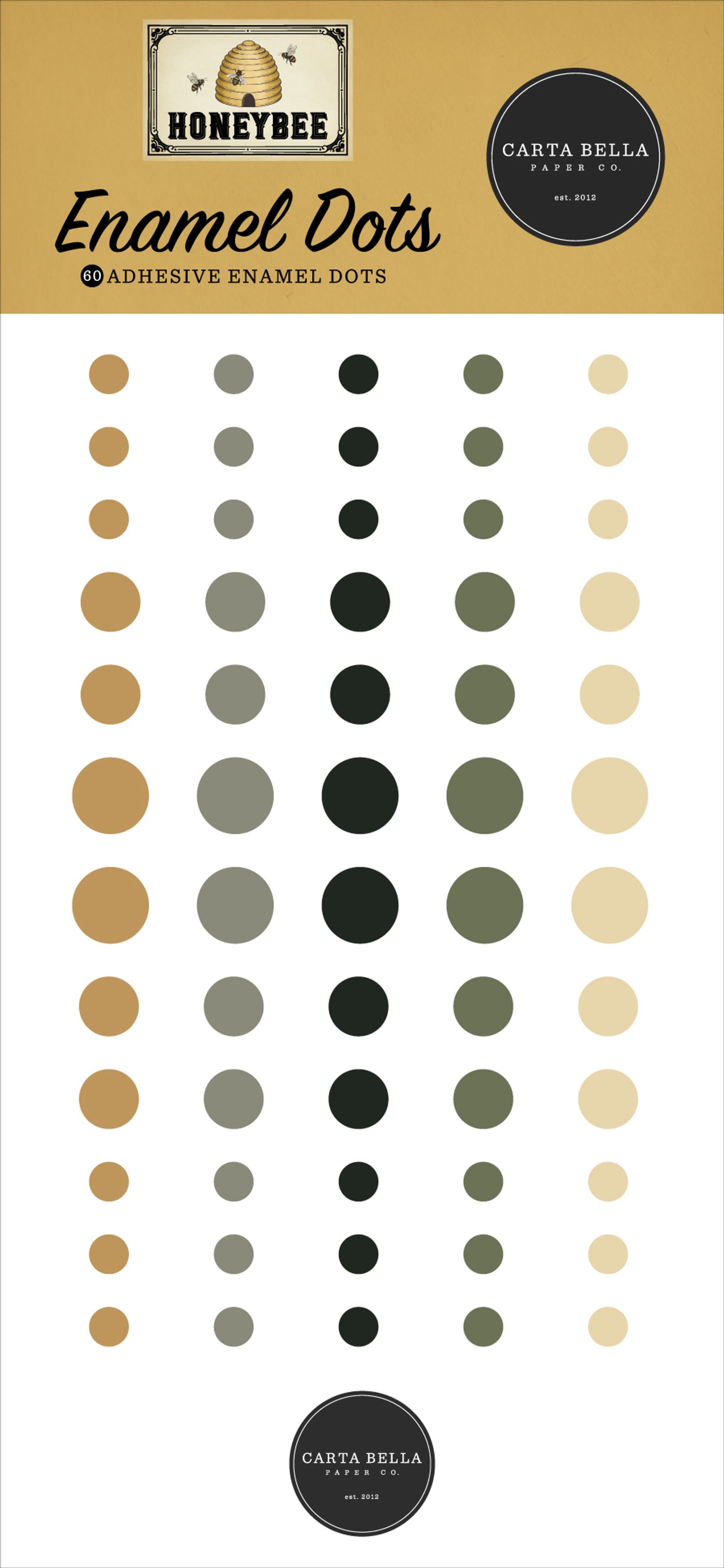 60 Enamel Dots in 3 sizes, adhesive back, designed to coordinate with Honey Bee Collection by Carta Bella.