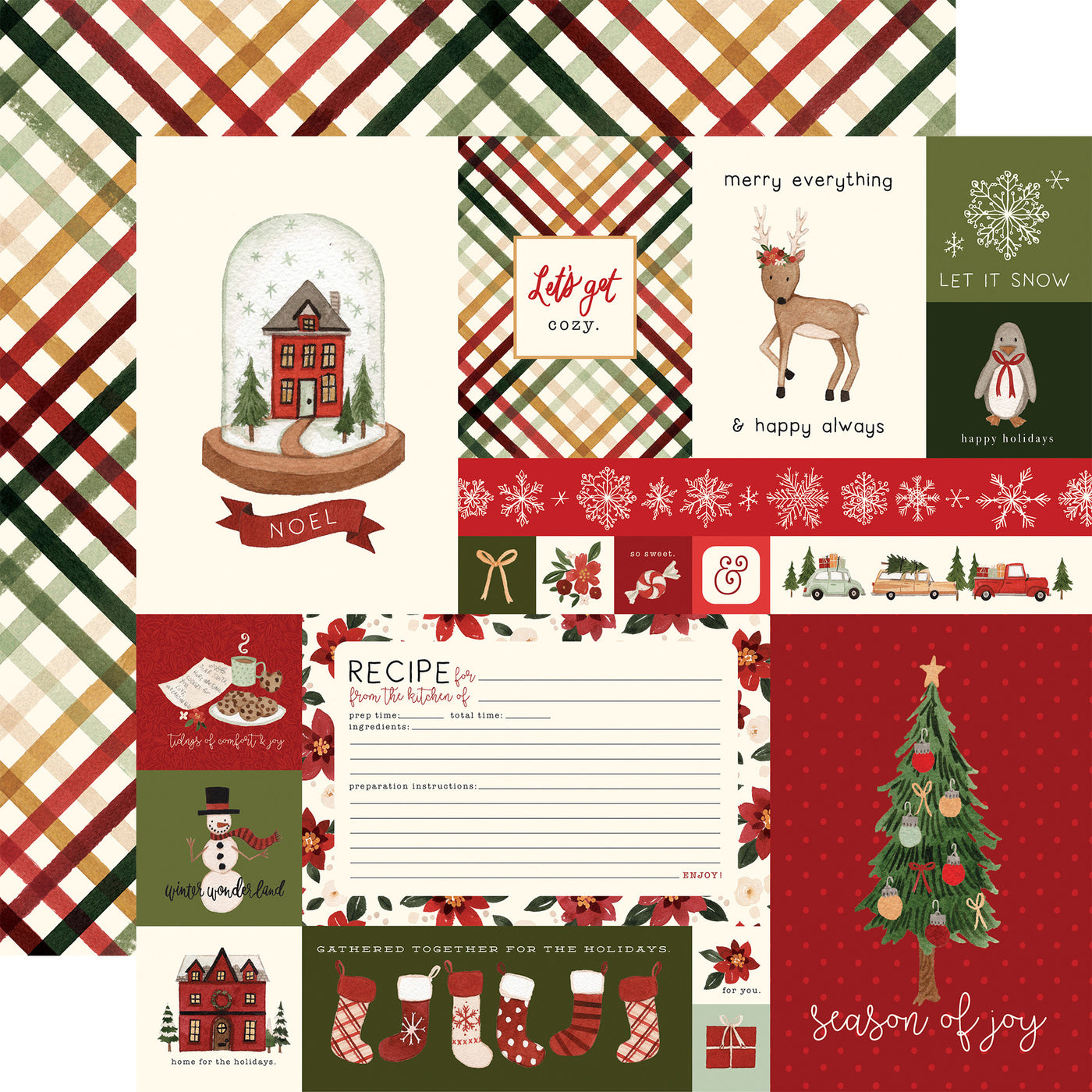 Festive Christmas journaling cards. The reverse is a red, green, and yellow plaid pattern. 