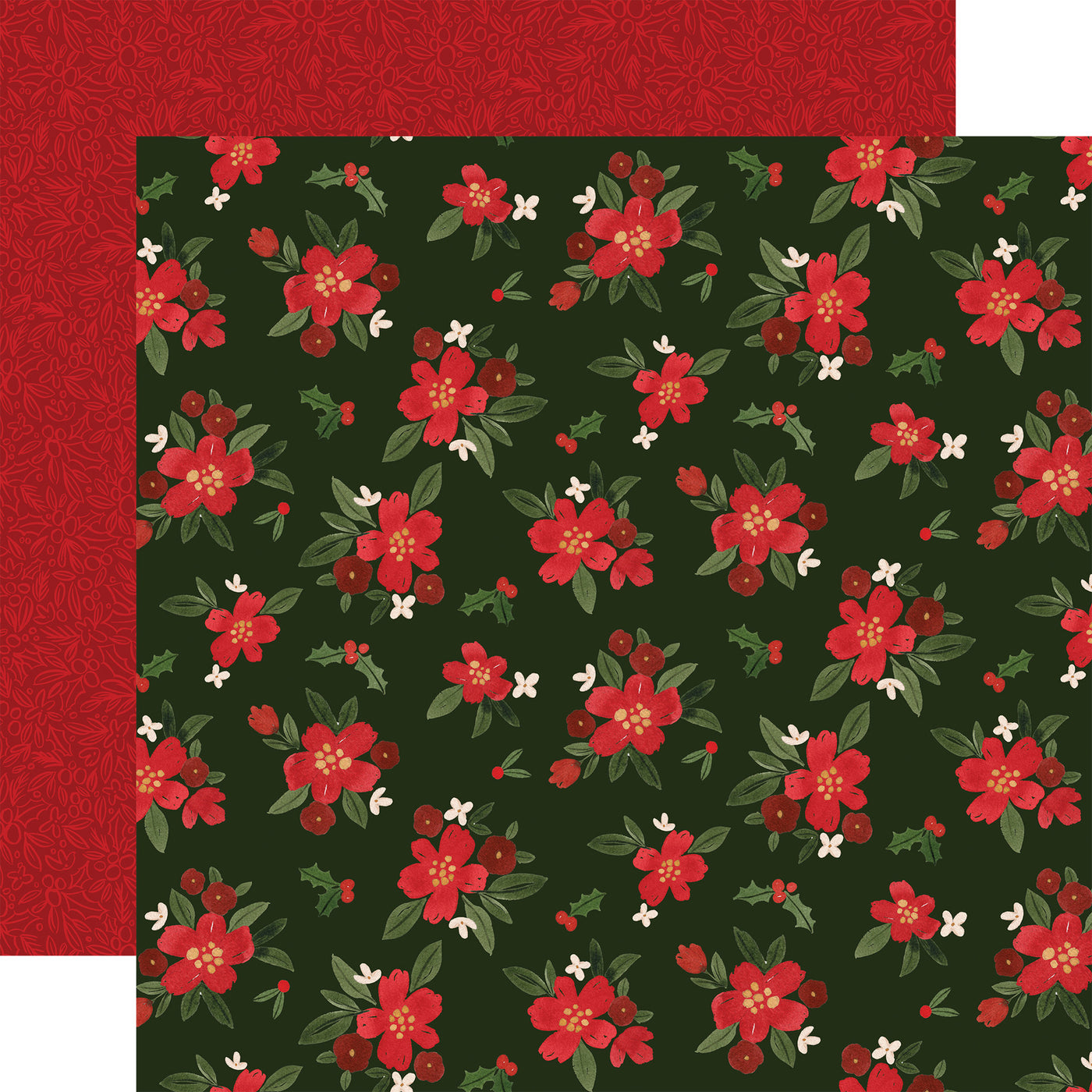 A Christmas florals over a black background. The reverse is a red background with a red floral pattern. 