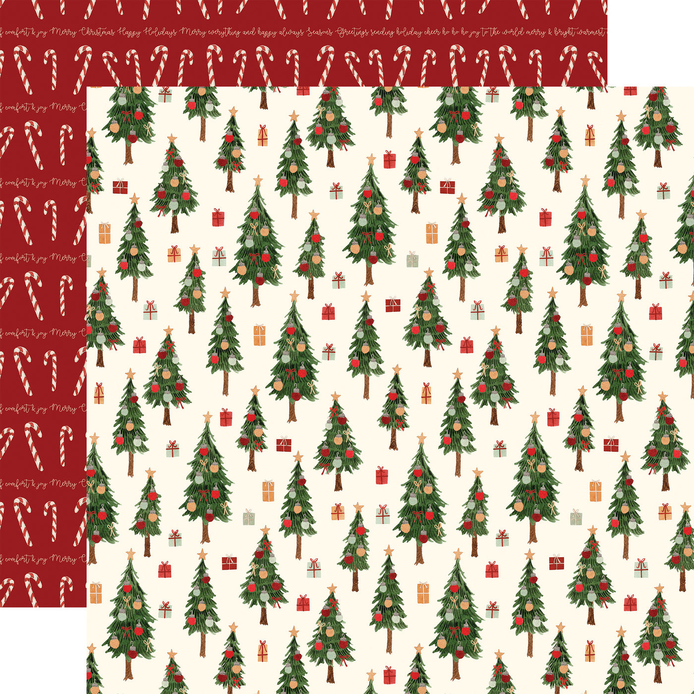 Christmas trees and presents over a cream background. The reverse is a red background with rows of candy canes with alternating rows of Christmas greetings.