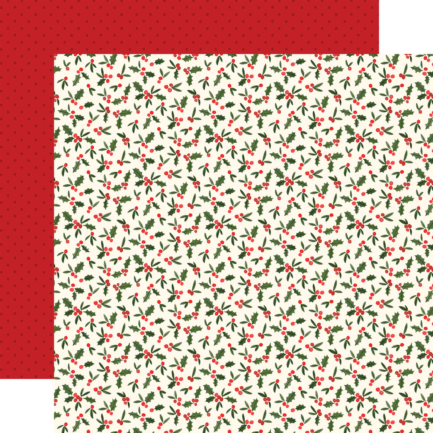 A holly & berries all over a cream background. The reverse is a red background with dark red polka dots.