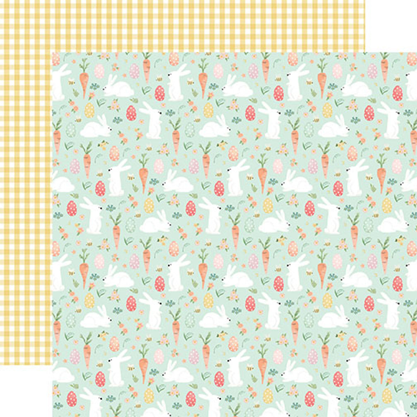 12x12 double-sided patterned paper - (bunnies, carrots, eggs, and flowers all over on a mint green background, yellow gingham reverse) - from Carta Bella Paper