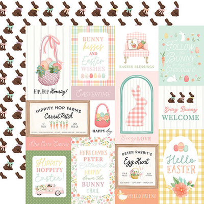 12x12 double-sided patterned paper - (Easter Journaling cards with rows of chocolate bunnies wearing pastel bows around their necks on a white background reverse) - from Carta Bella Paper