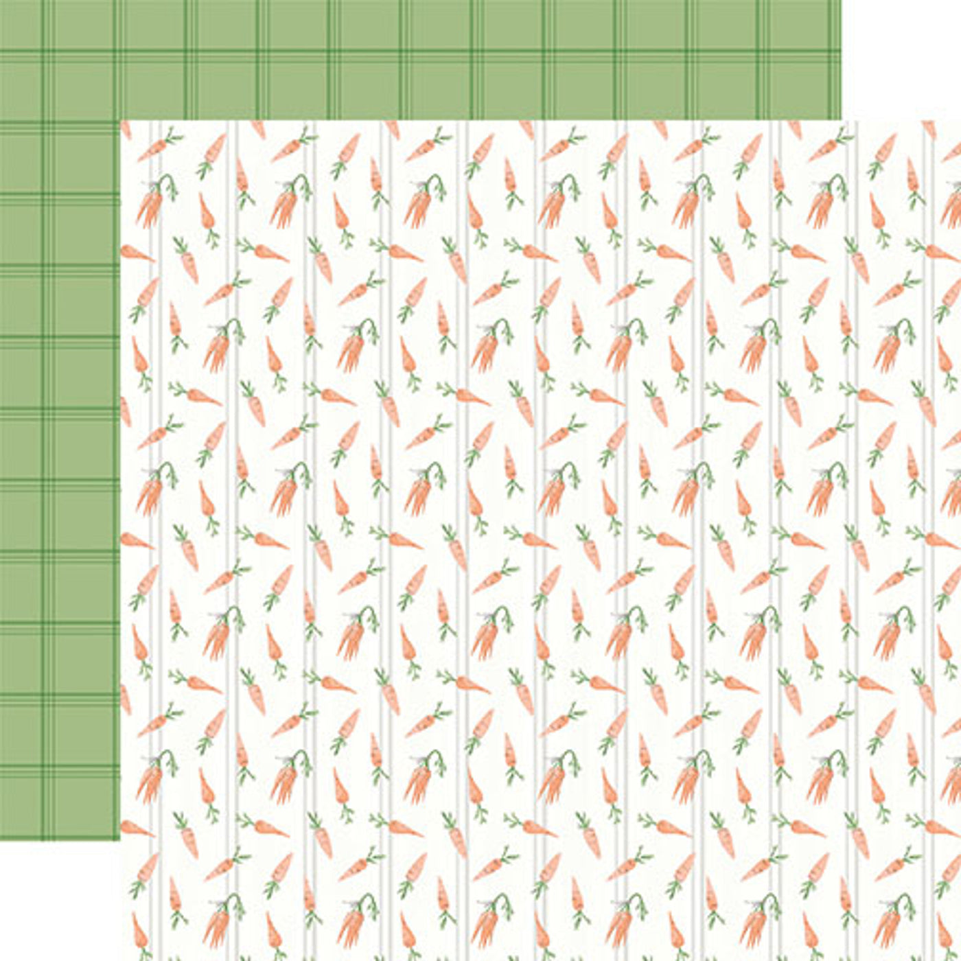 12x12 double-sided patterned paper - (carrots all over on a white beadboard background, green plaid on a green background reverse) - from Carta Bella Paper