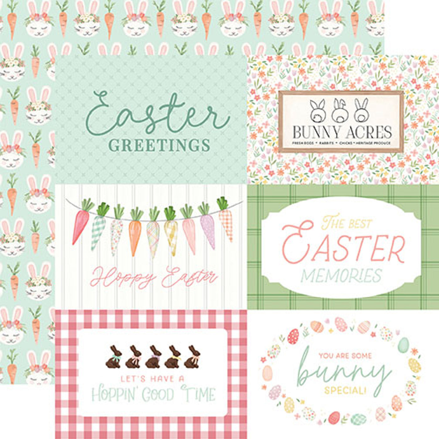 12x12 double-sided patterned paper - (Easter Journaling cards with rows of  bunny faces and carrots in between on a mint green background reverse) - from Carta Bella Paper