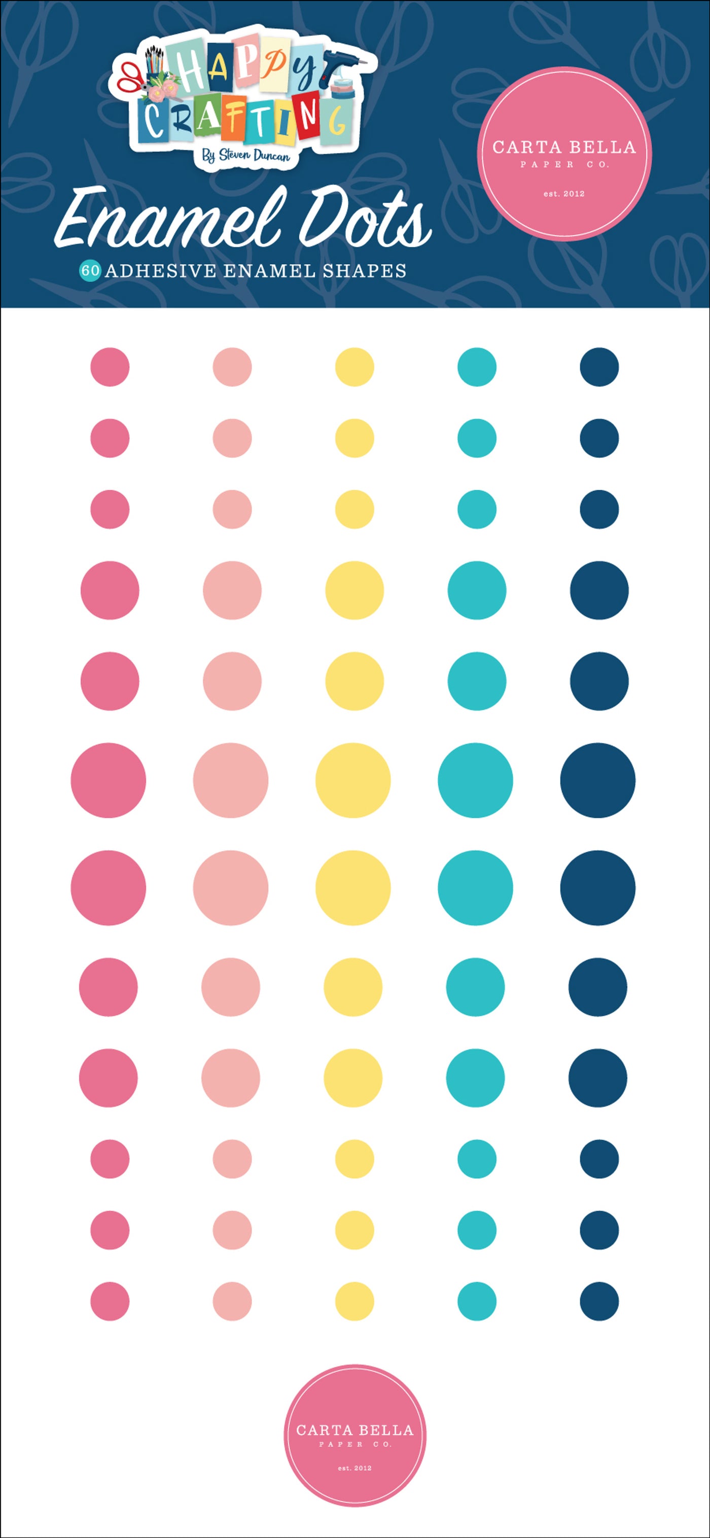 60 Enamel Dots in 3 sizes, adhesive back, designed to coordinate with Happy Crafting Collection by Carta Bella.