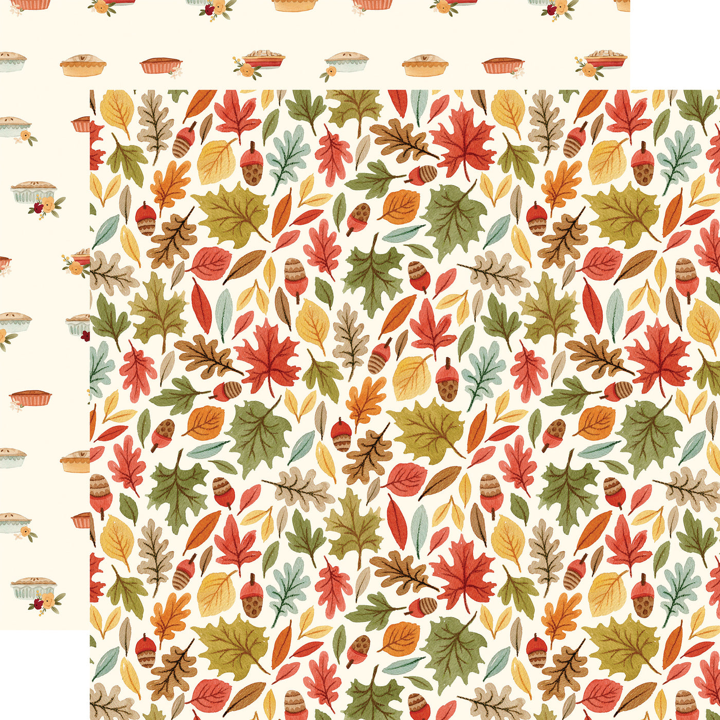Leaves in blue, mustard, olive green, and red on an off-white background. The reverse is rows of Thanksgiving pies on an off-white background. 80 lb cover. Felt texture.
