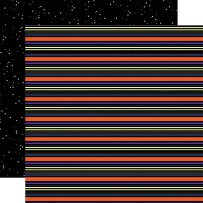 Double-sided 12x12 cardstock. (Side A - stripes in orange, green, cream and purple on a black background, and Side B - cream dots on a black background)  Acid free