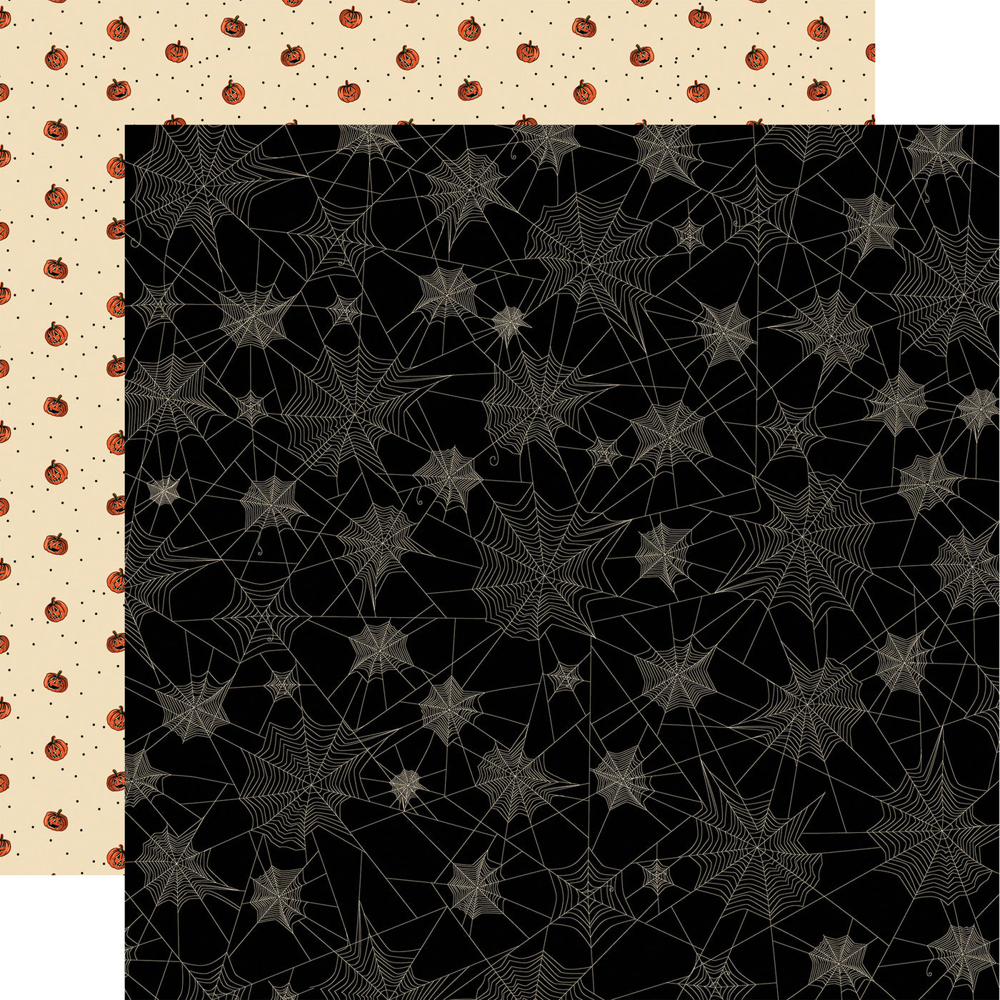 Double-sided 12x12 cardstock. (Side A - spider webs all over on a black background, and Side B - little pumpkins and dots on a cream background) Acid free