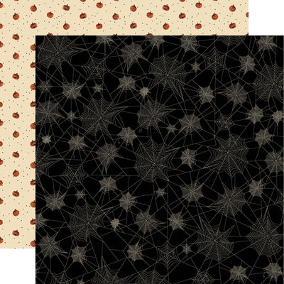 Double-sided 12x12 cardstock. (Side A - spider webs all over on a black background, and Side B - little pumpkins and dots on a cream background) Acid free