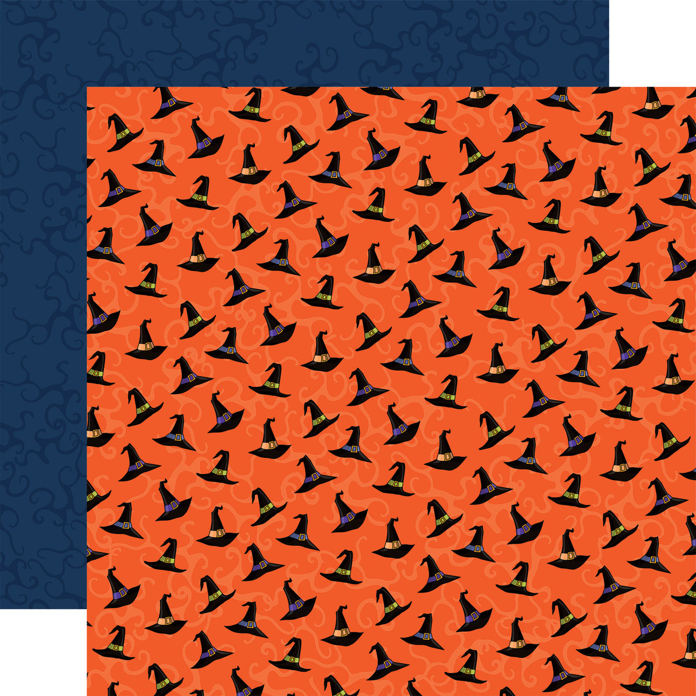 Double-sided 12x12 cardstock. (Side A - is covered with Witch hats on an orange background, and Side B - is a blue abstract pattern on a blue background) Acid free