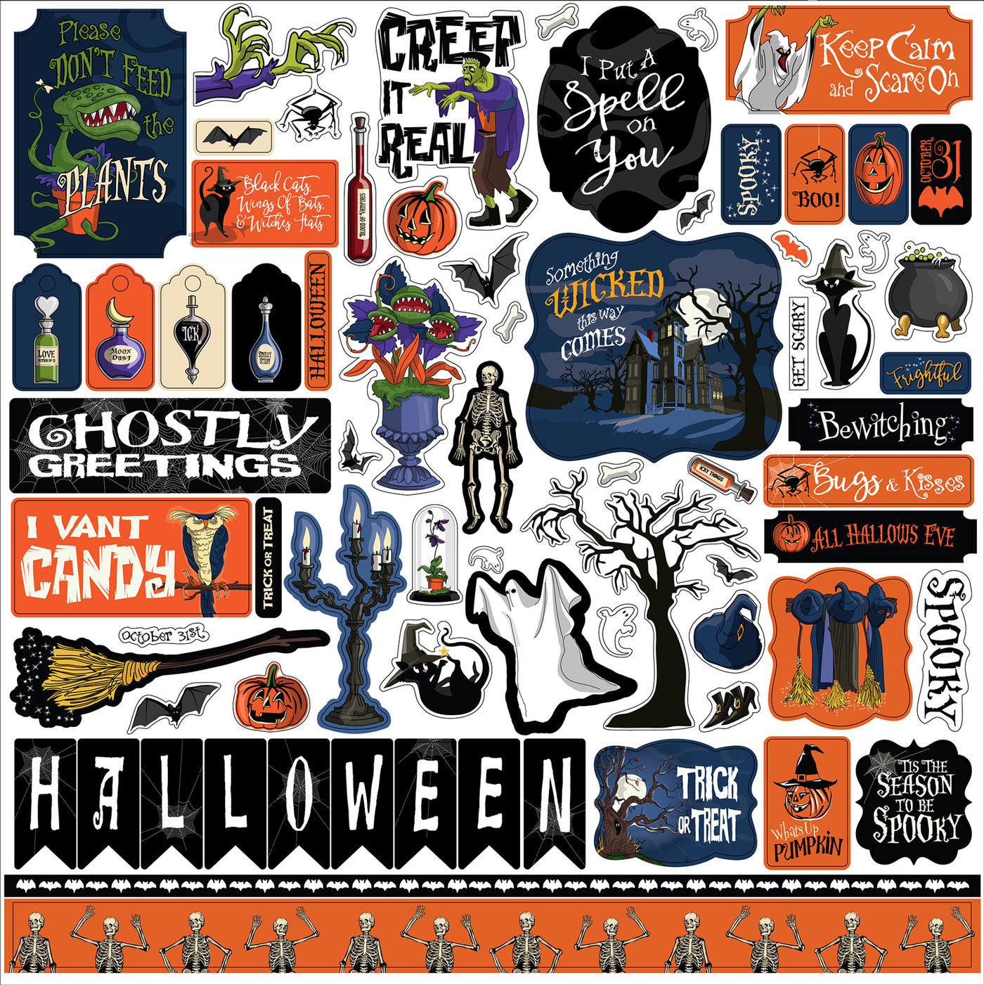 Hocus Pocus Elements 12" x 12" Cardstock Stickers from Hocus Pocus Collection by Carta Bella. Stickers include phrases, banners, pumpkins, ghosts, skeletons, and more!