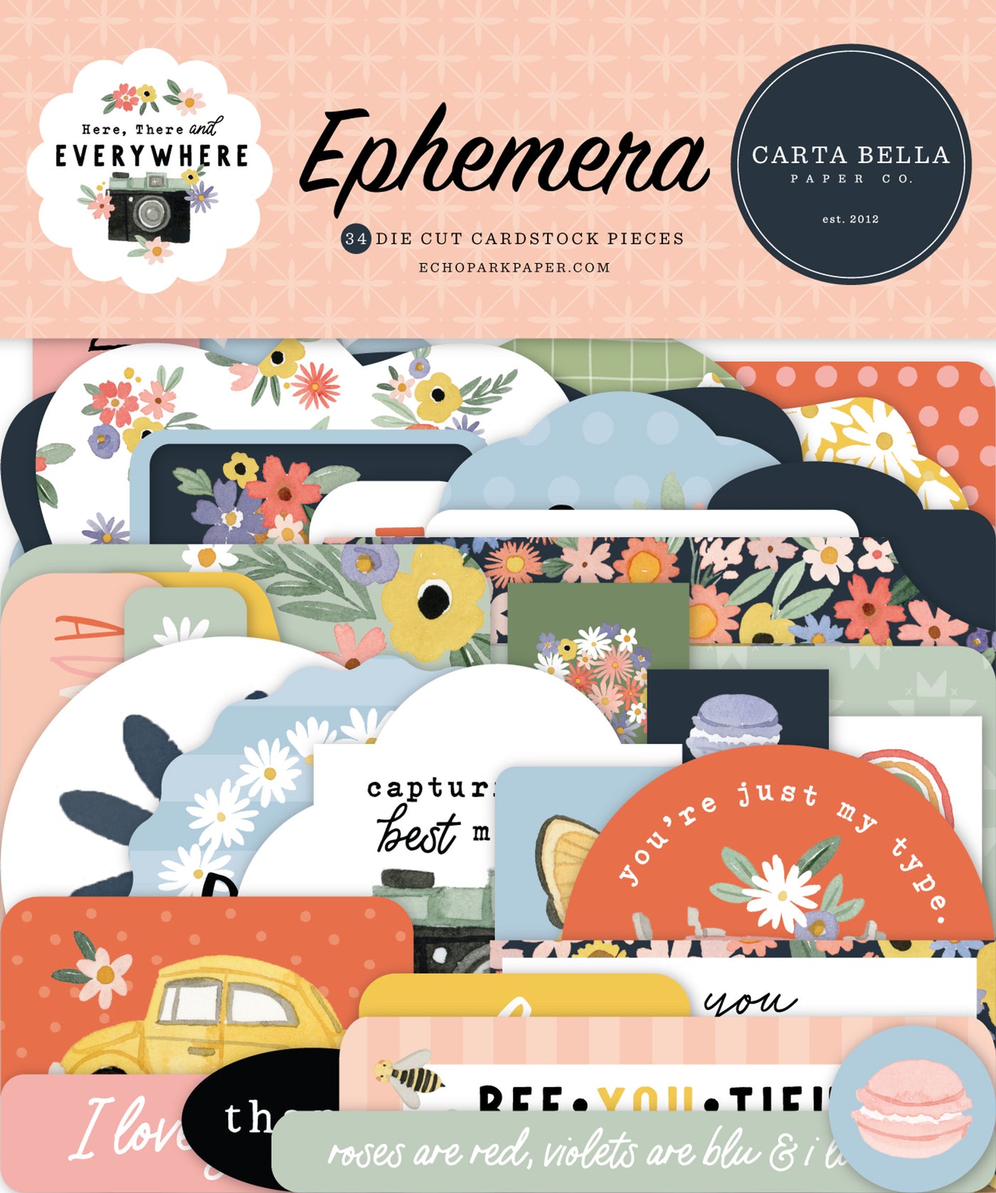 Here There and Everwhere Ephemera Die Cut Cardstock Pack includes 34 die-cut shapes ready to embellish any project. 