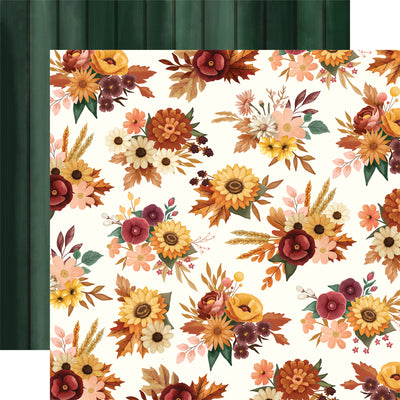 Floral pattern with autumn colors on a white background, green woodgrain reverse.