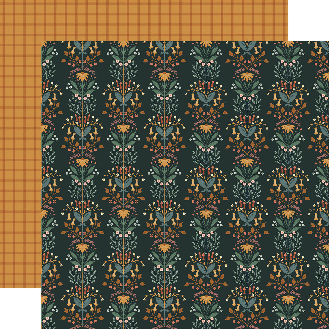 Floral-patterned paper with a dark green background and an orange plaid pattern on the reverse.