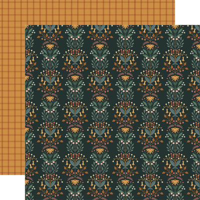 Floral-patterned paper with a dark green background and an orange plaid pattern on the reverse.