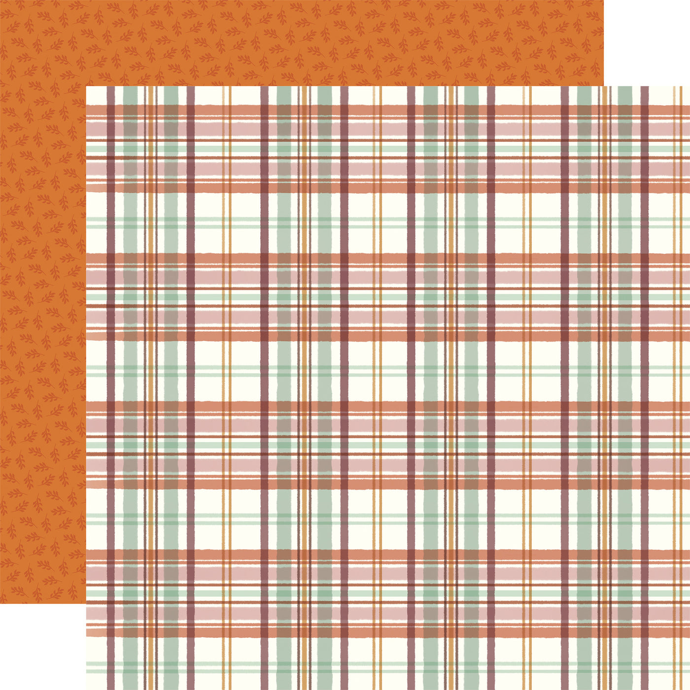 From Carta Bella, (Side A - autumn plaid in fall colors on a cream background; Side B - dark orange leaves pattern on an orange background)