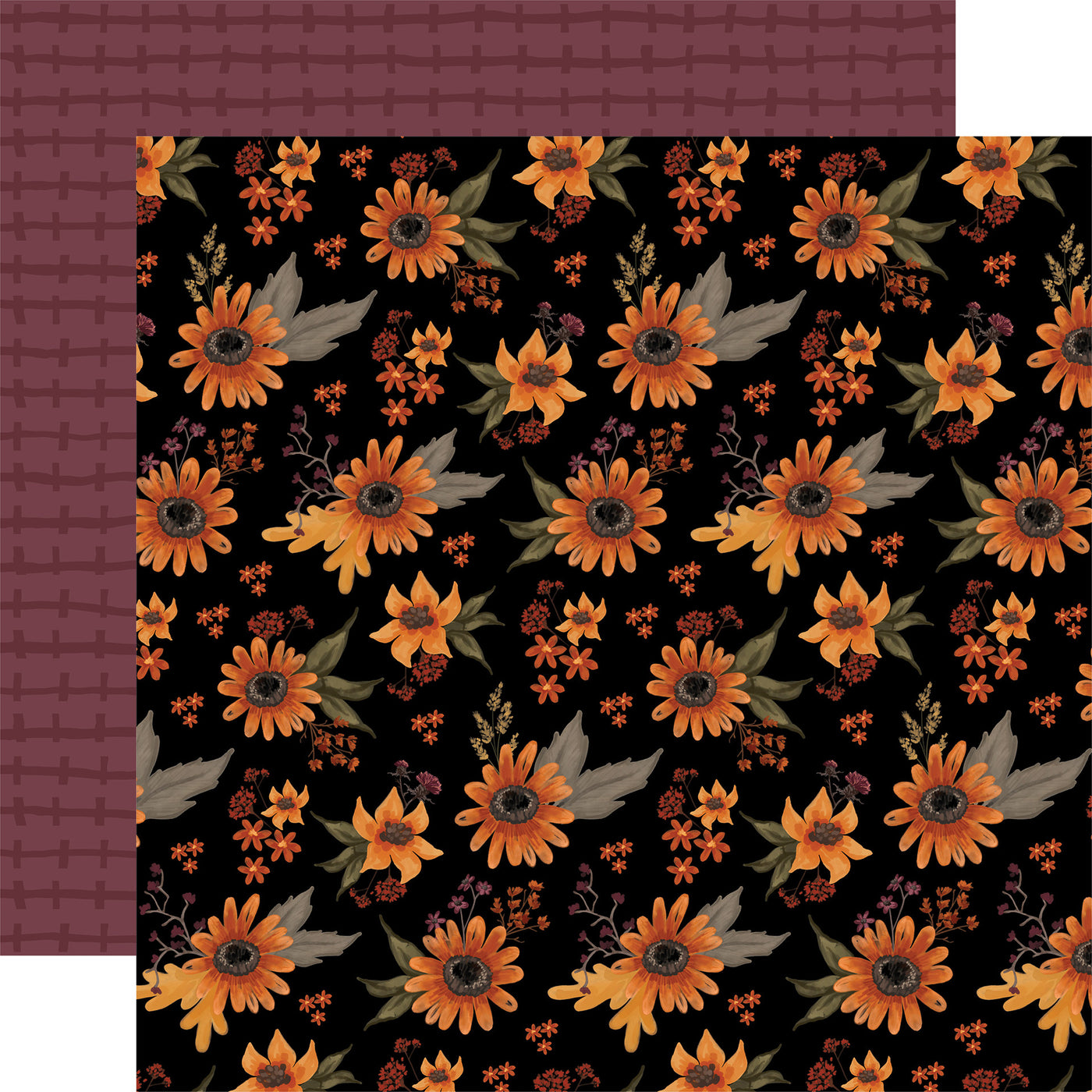 Double-sided 12x12 cardstock. (Side A - sunflowers and other florals on a black background, and Side B - dark plum line pattern on a plum background) Acid-free
