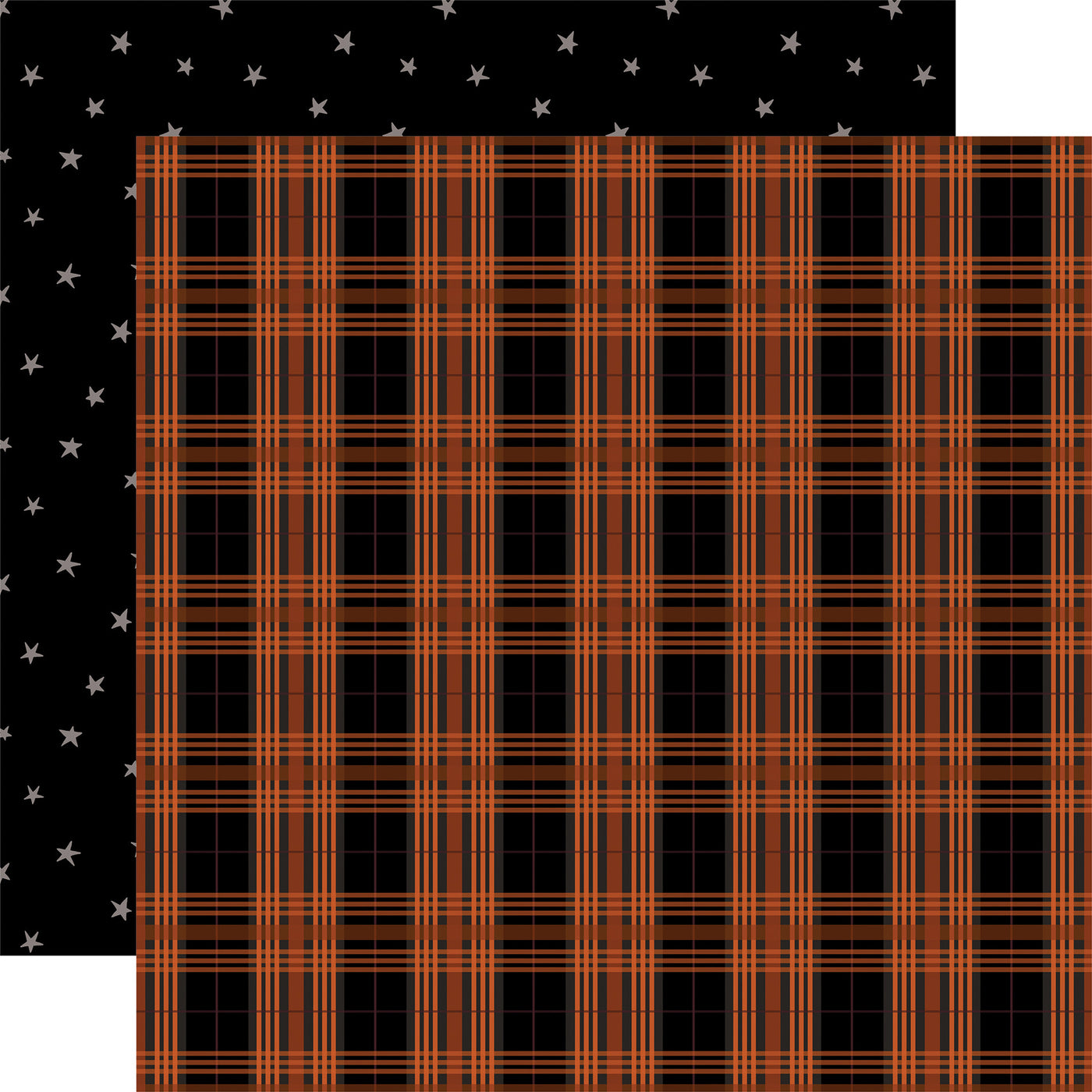 Double-sided 12x12 cardstock. (Side A - orange plaid on a black background, and Side B - gray stars scattered on a black background) Acid-free