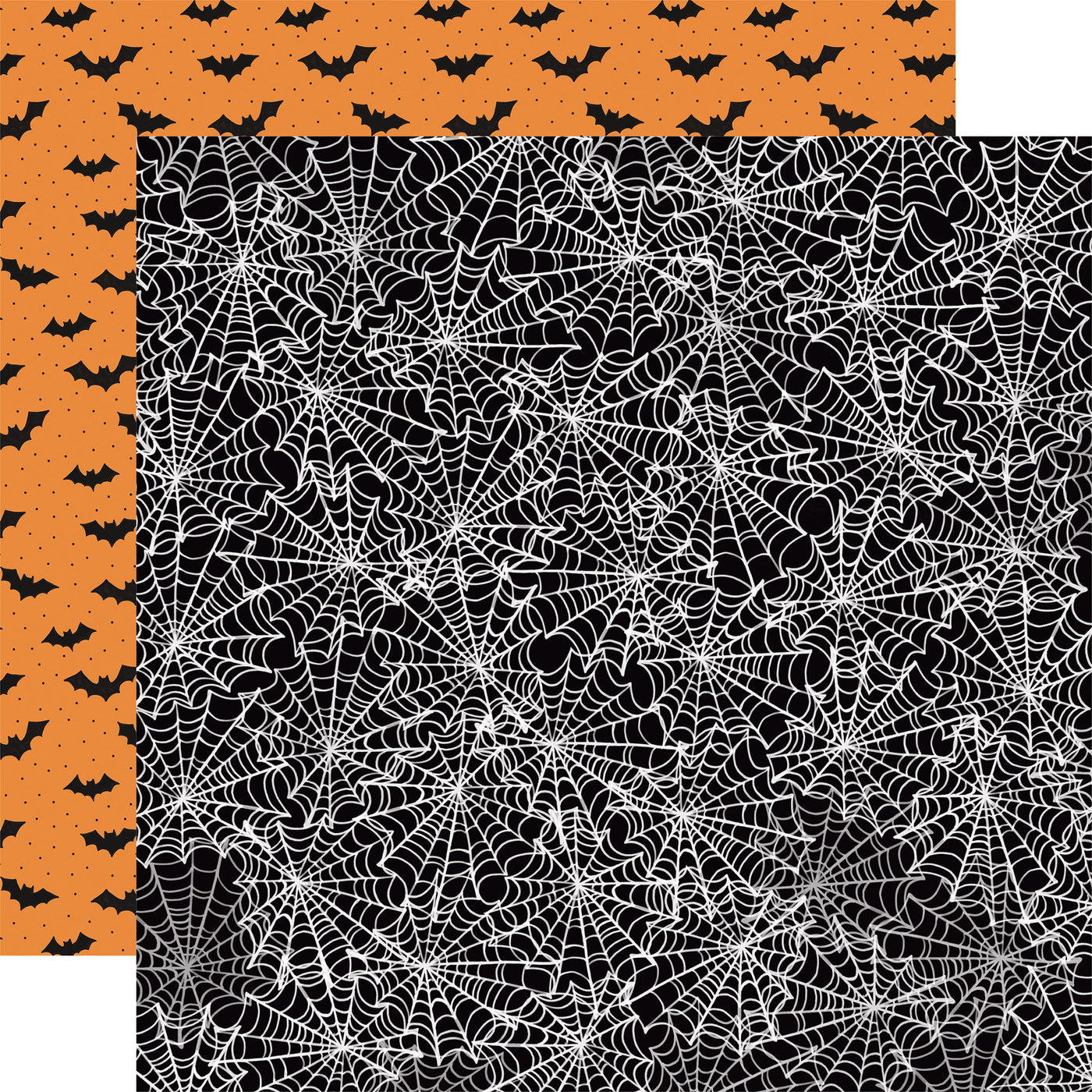 (Side A - spider webs all over on a black background, Side B - flying bats and little black polka dots on an orange background)