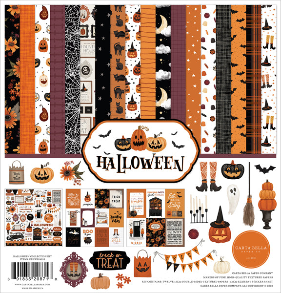 Halloween Page Kit with 12 unique double-sided, 12x12 pages for Halloween paper crafting. Comes with a 12x12 sheet of spooky Halloween sticker elements.