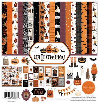 Halloween Page Kit with 12 unique double-sided, 12x12 pages for Halloween paper crafting. Comes with a 12x12 sheet of spooky Halloween sticker elements.