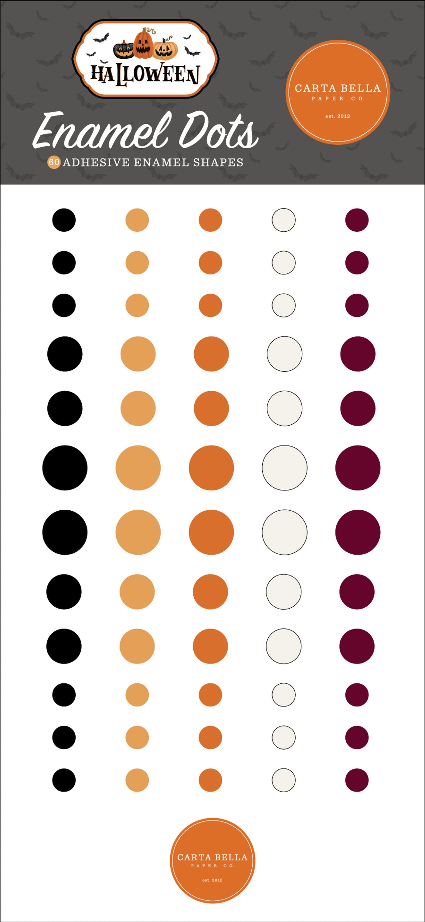 60 Enamel Dots in 3 sizes, adhesive back, designed to coordinate with the Halloween Collection by Carta Bella.