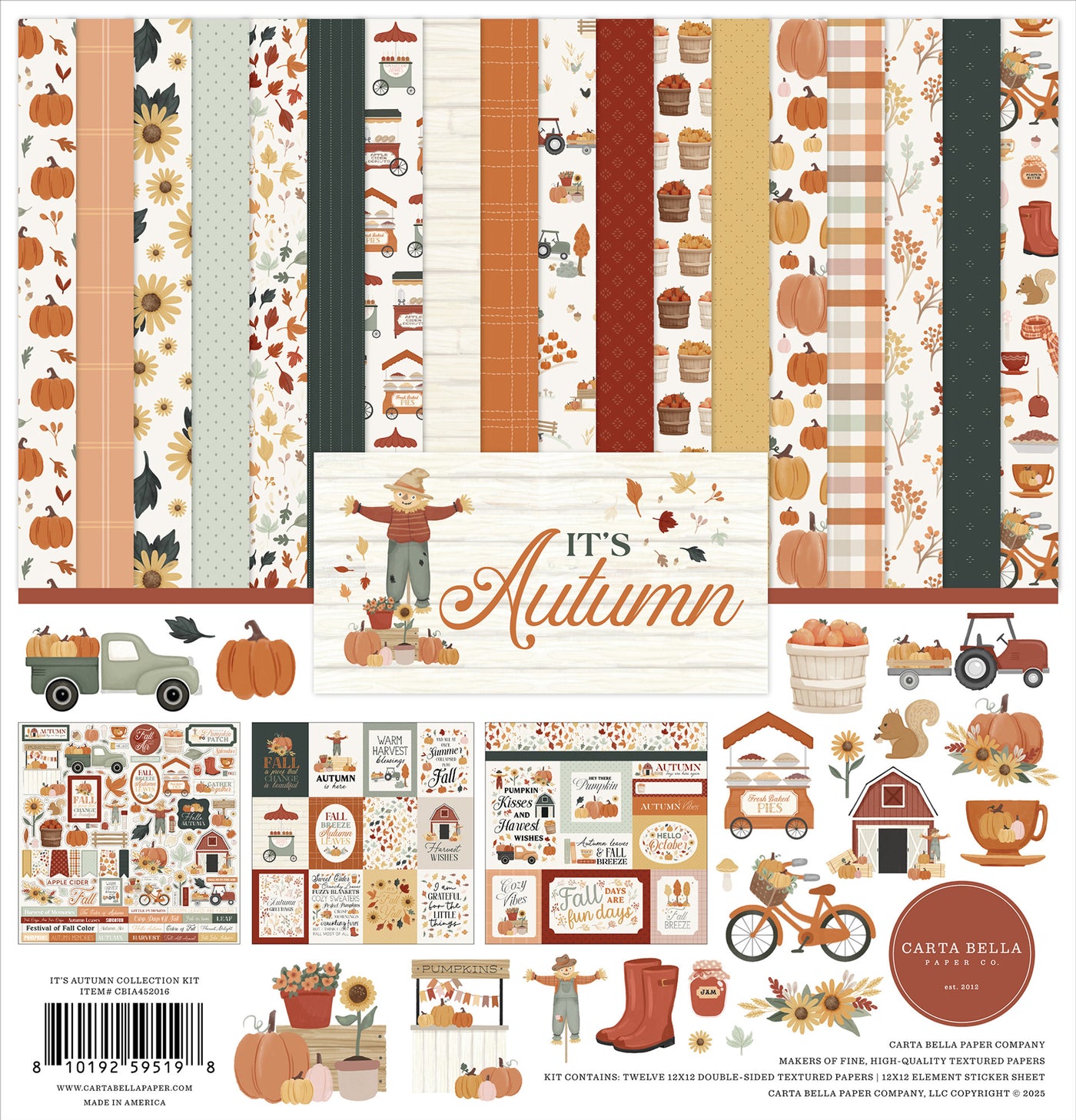IT'S AUTUMN 12x12 Collection Kit by Carta Bella - Collection Kit for paper crafts includes 12 double-sided papers with beautiful fall themes. Matching sticker elements sheet included. 80 lb felt cover cardstock