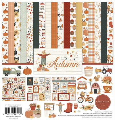 IT'S AUTUMN 12x12 Collection Kit by Carta Bella - Collection Kit for paper crafts includes 12 double-sided papers with beautiful fall themes. Matching sticker elements sheet included. 80 lb felt cover cardstock