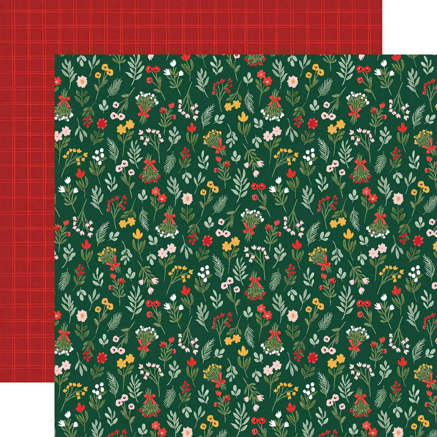 Floral-patterned paper with red plaid reverse.