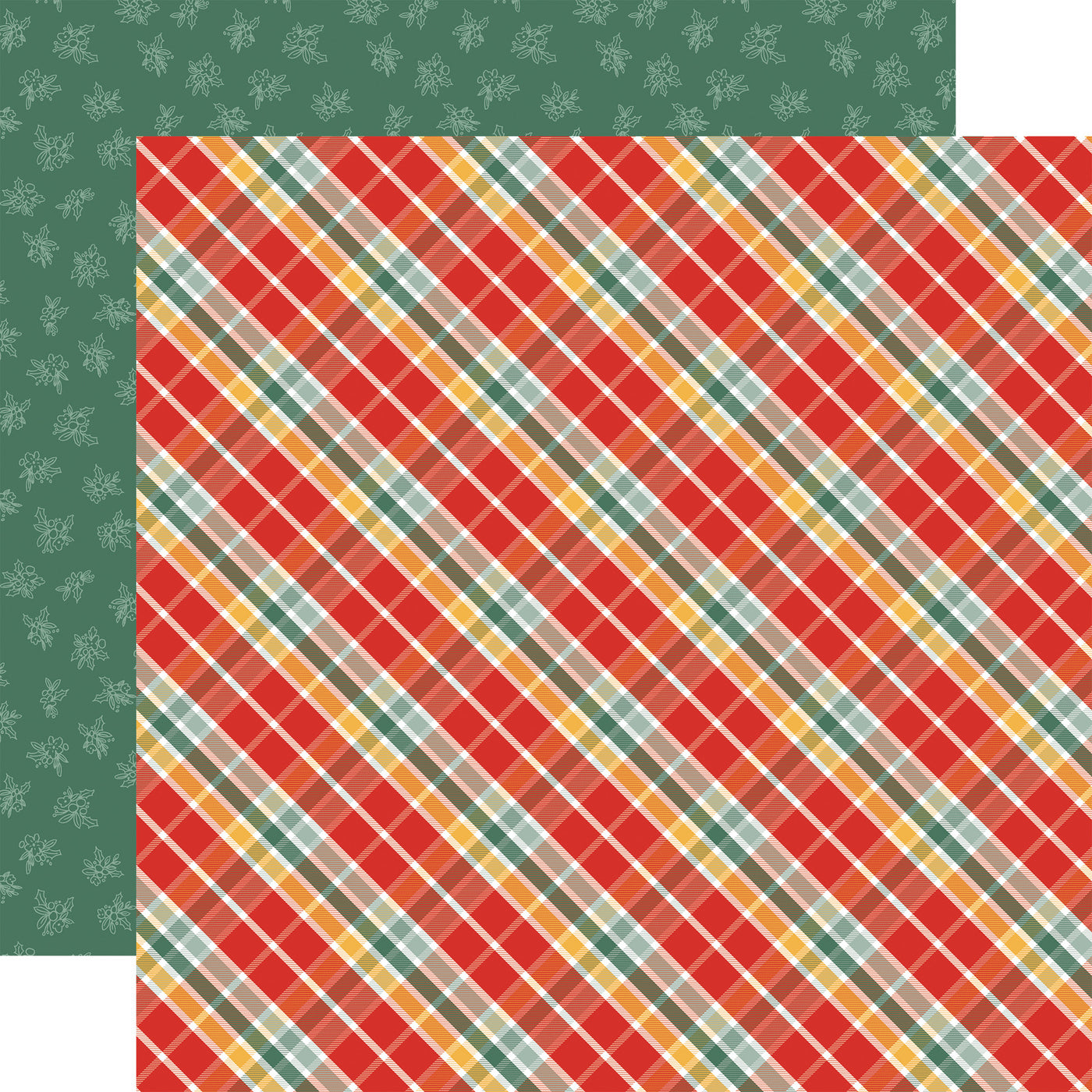 Plaid-patterned paper with red, green, and yellow colors with a green background reverse.
