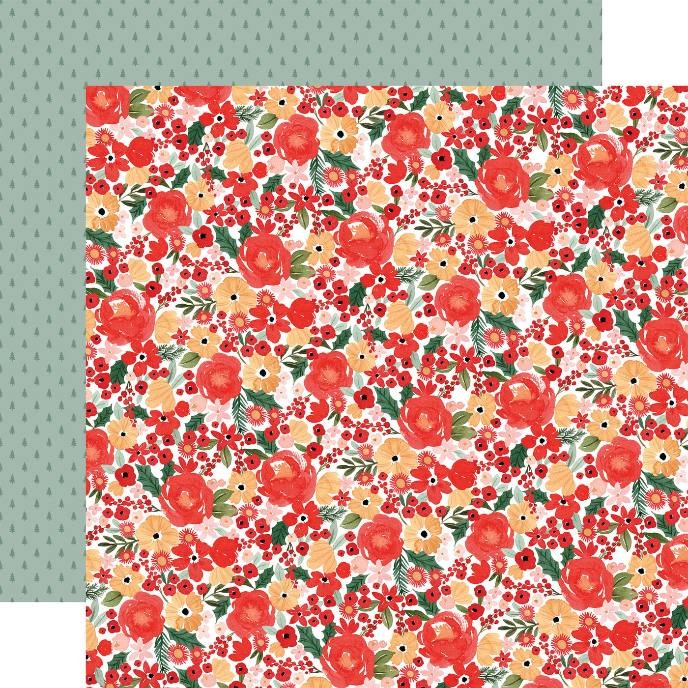 Floral patterned paper with red and orange flowers on a textured green background reverse.