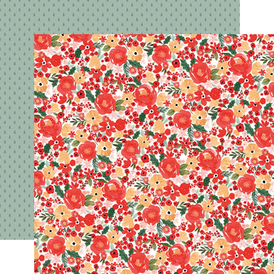 Floral patterned paper with red and orange flowers on a textured green background reverse.