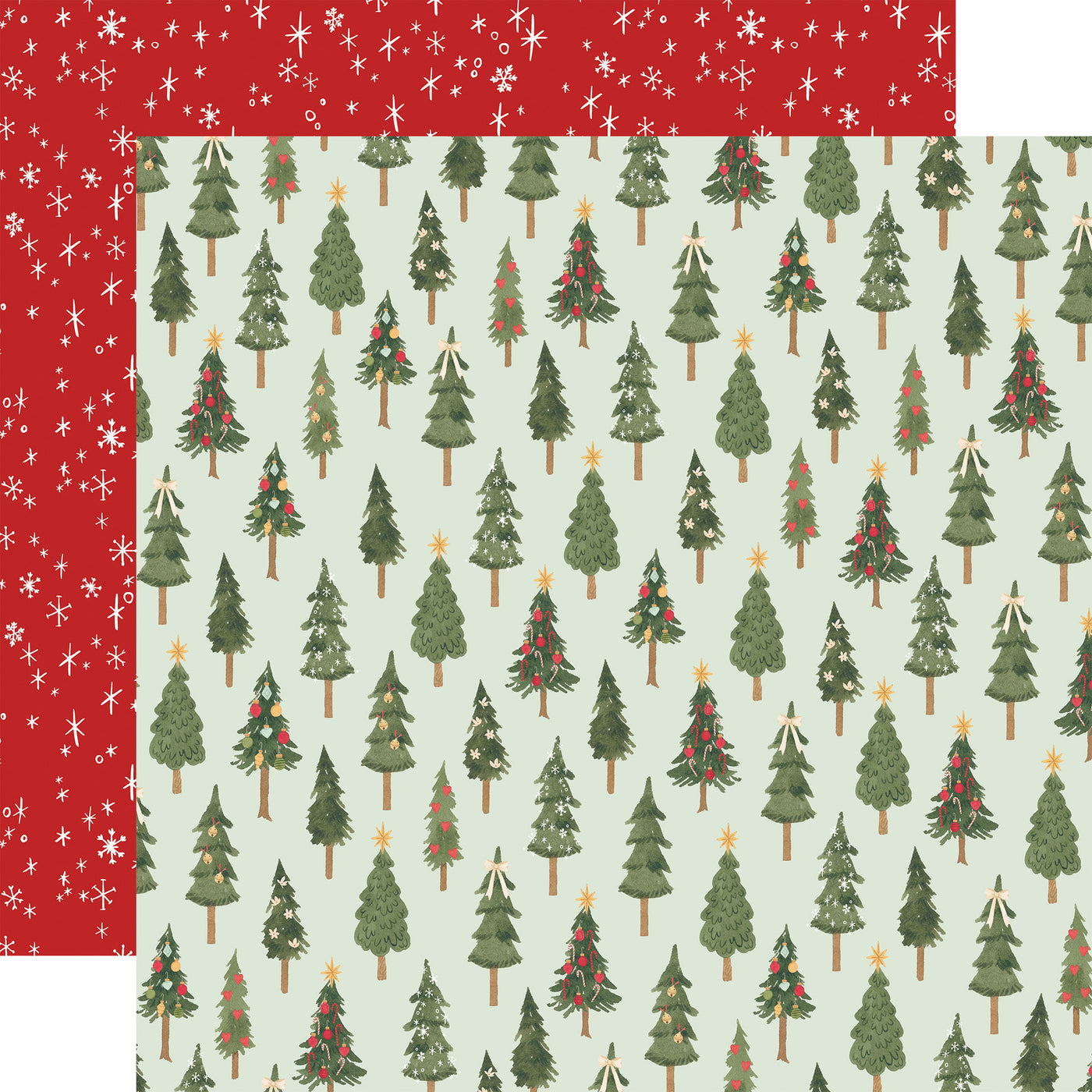 Double-sided 12x12 cardstock with decorated green pine trees on a light green background; the reverse is tiny white snowflakes on a red background.  80 lb cover. Felt texture.
