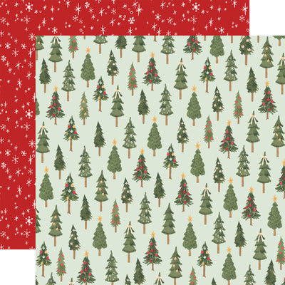 Double-sided 12x12 cardstock with decorated green pine trees on a light green background; the reverse is tiny white snowflakes on a red background.  80 lb cover. Felt texture.