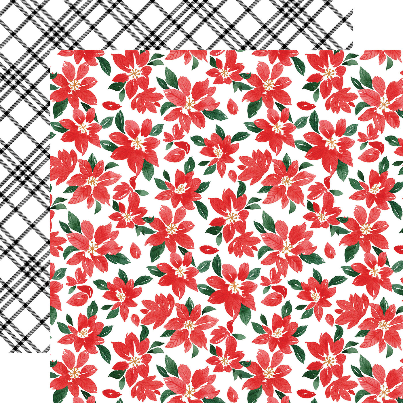 Pattern of red poinsettias on a white background with a black and white plaid pattern reverse.