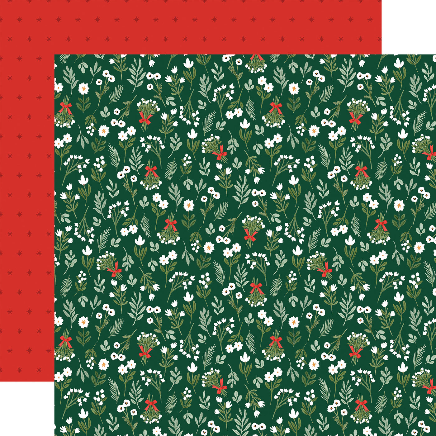 Patterned paper with floral design on a green background, red pattern reverse.