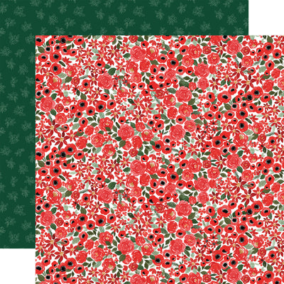 Floral patterned paper with red flowers on a white background, green floral pattern reverse