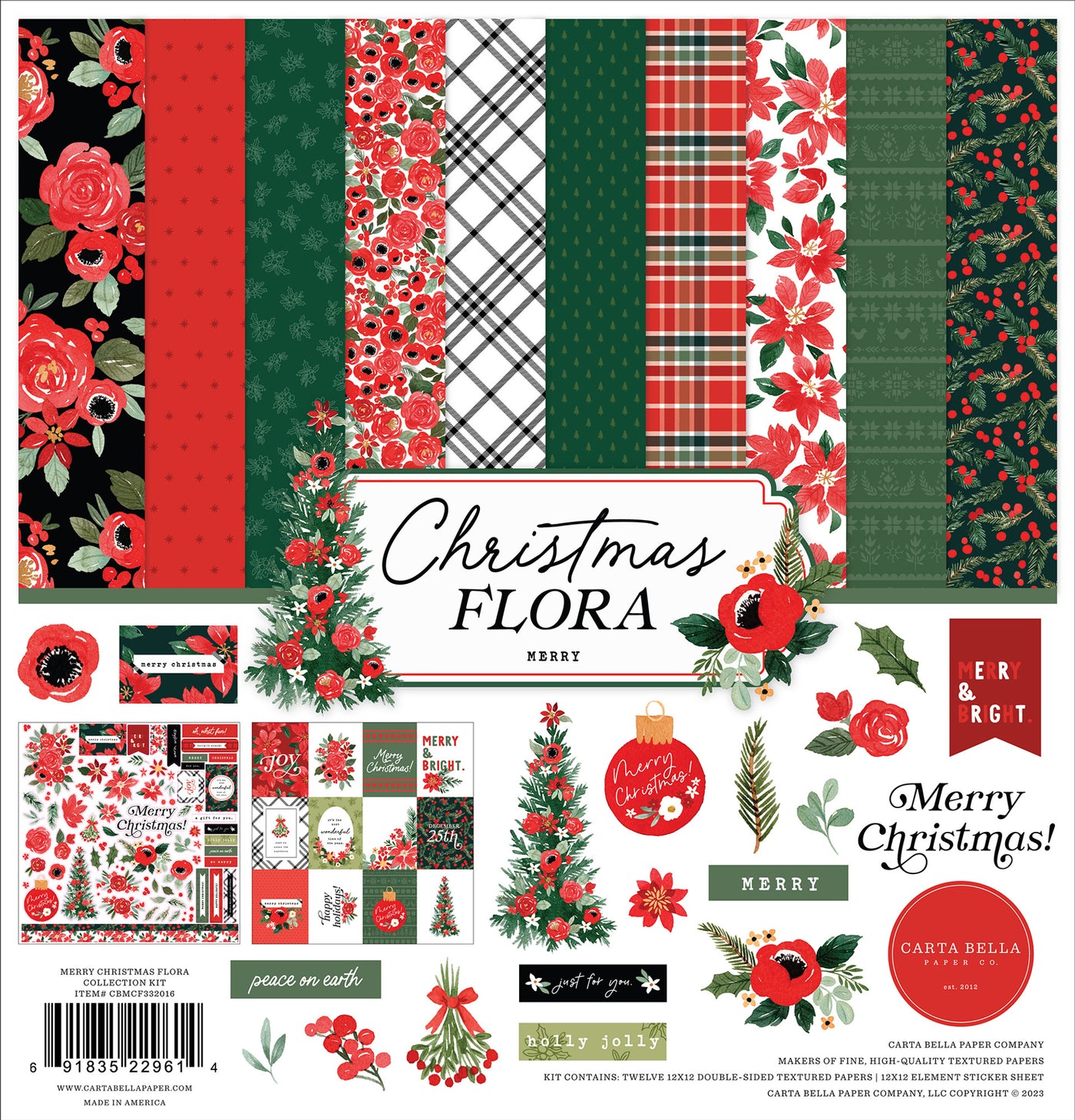 Collection Kit for paper crafts includes 12 double-sided papers with all the beautiful florals of Christmastime. Matching sticker elements sheet included.