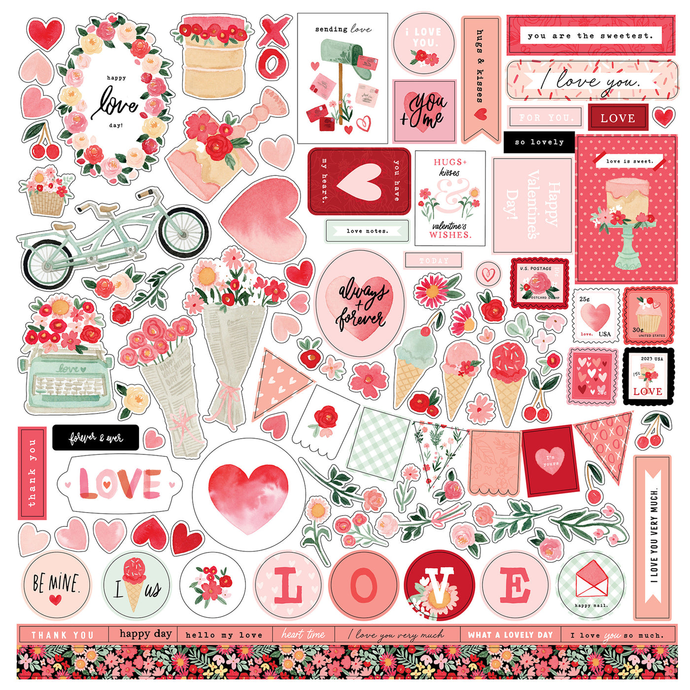 My Valentine Elements 12" x 12" Cardstock Stickers from the My Valentine Collection. The package includes one sheet of cardstock stickers with phrases and images of hearts, flowers, ice cream cones, banners, and more. 