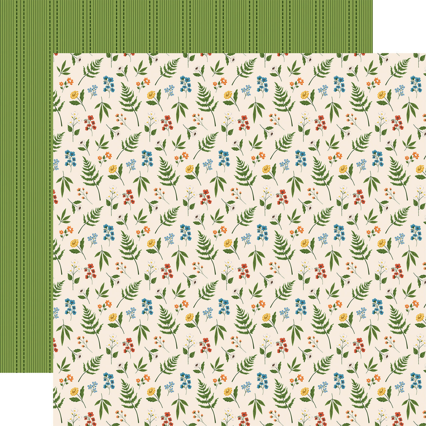 (Side A - off-white background, featuring a scattered arrangement of various small wildflowers and ferns. The flowers are in shades of blue, red, and yellow, with green stems and leaves, Side B -dark green vertical striped pattern on a muted green background)