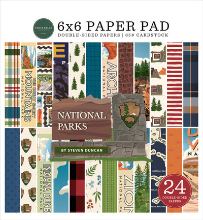 The National Parks 6x6 Paper Pad by Carta Bella is a delightful collection for every avid traveler and scrapbooking enthusiast. This pad features a carefully curated selection of 6x6 inch patterned papers, designed to capture the spirit of adventure and wanderlust.