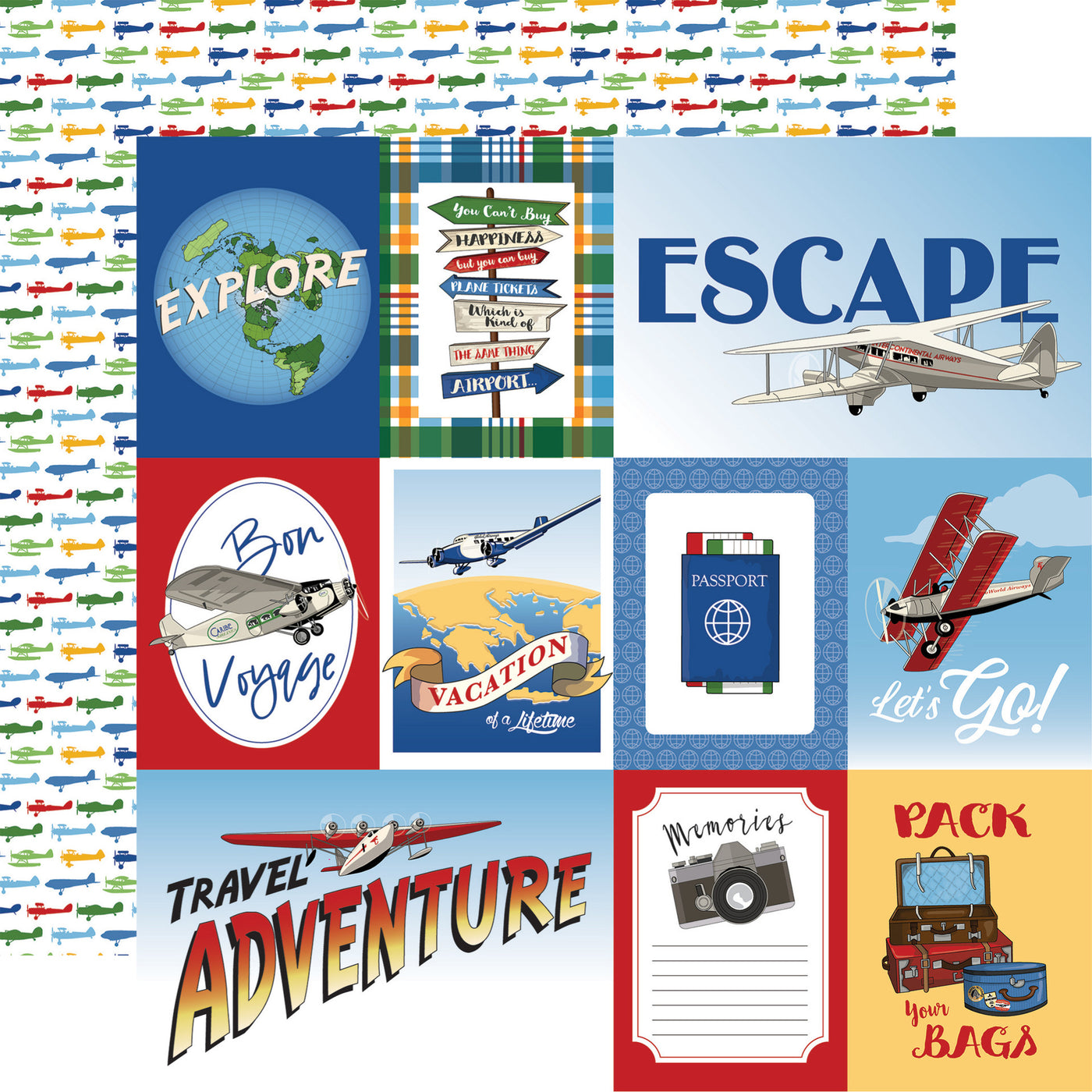 Collection of travel-themed cards with various designs and text with an airplane patterned on the reverse.