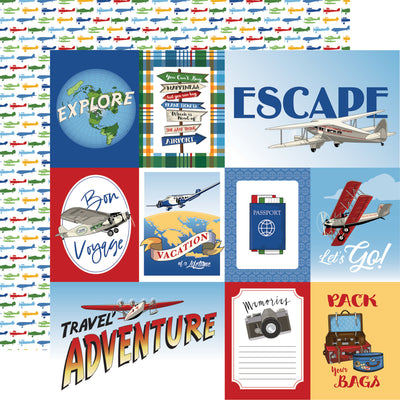 Collection of travel-themed cards with various designs and text with an airplane patterned on the reverse.