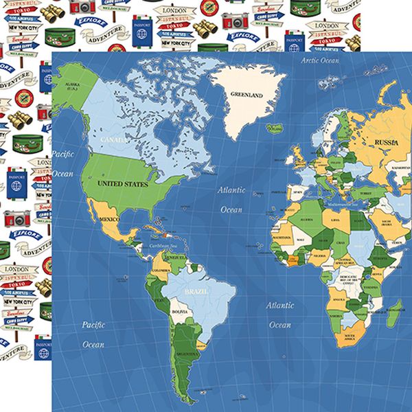 World map with vintage travel posters on the reverse side.