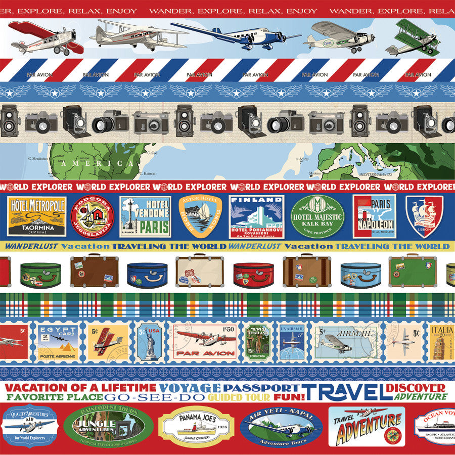 TRAVEL STRIPS - 12x12 Double-Sided Patterned Paper - Carta Bella