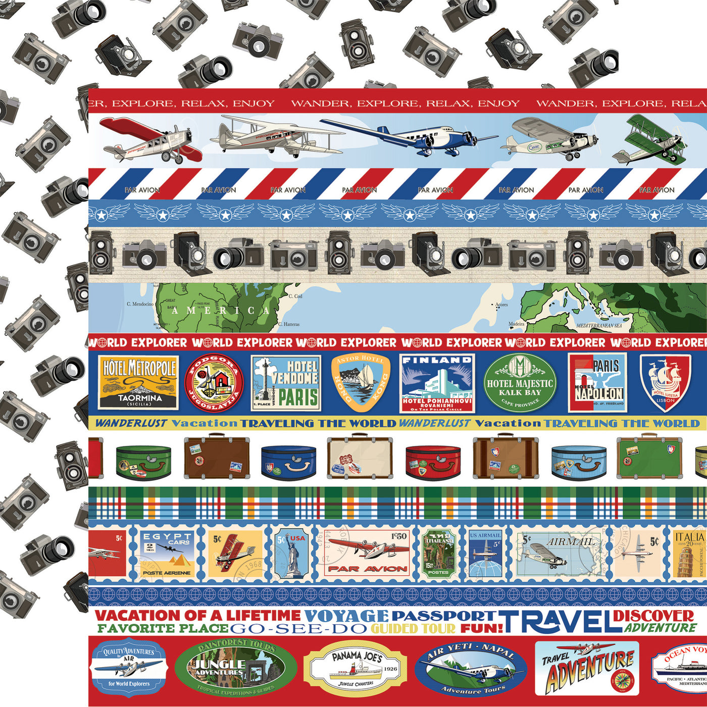 Travel borders with vintage cameras pattern reverse.