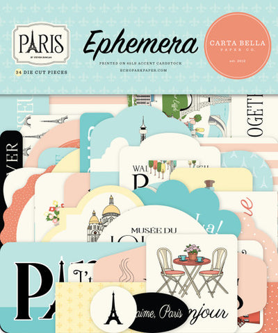 PARIS Ephemera, Carta Bella - Travel Ephemera Die Cut Cardstock Pack includes 34 die-cut shapes ready to embellish any project.
